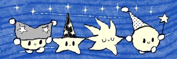 Hand-drawn characters and stars on a blue background