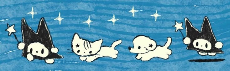 Hand-drawn night-sky characters on a blue background